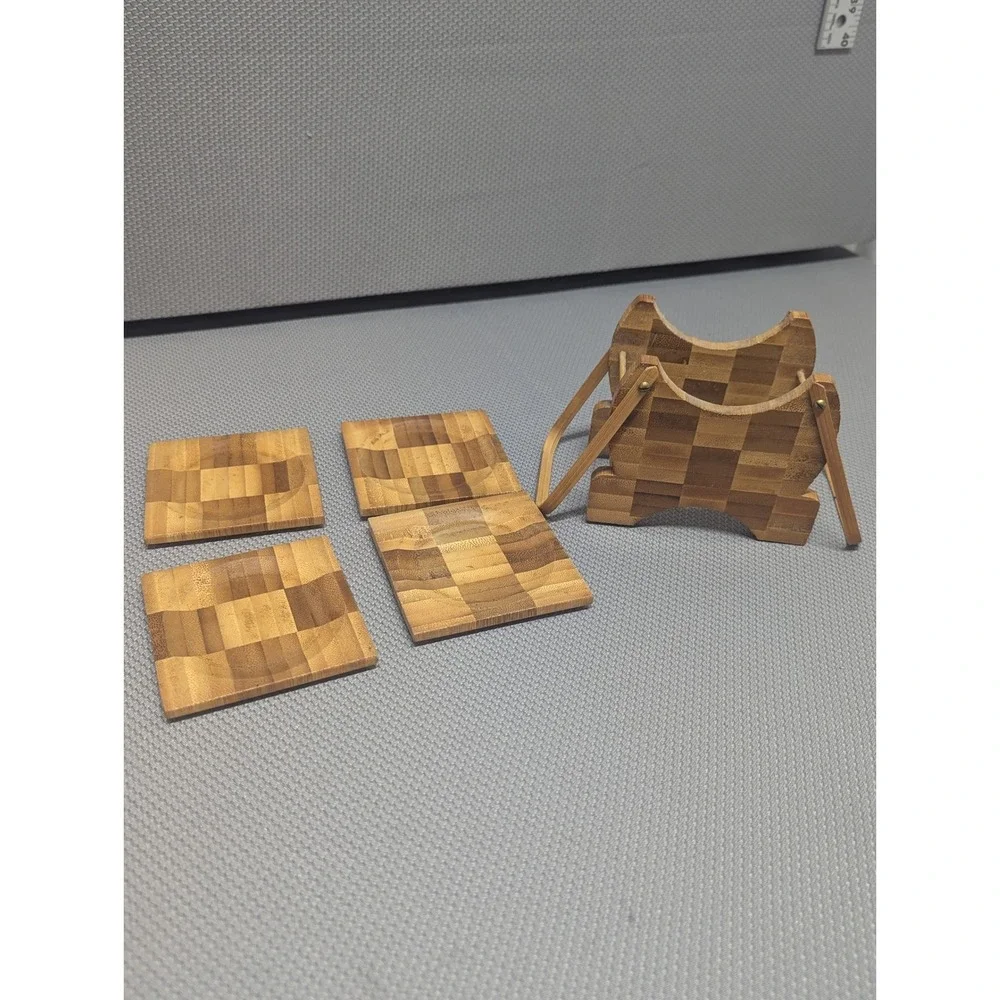 VTG Bamboo Checkerboard Coaster Set w/ Caddy Holder 5 Piece Natural Wood Parquet